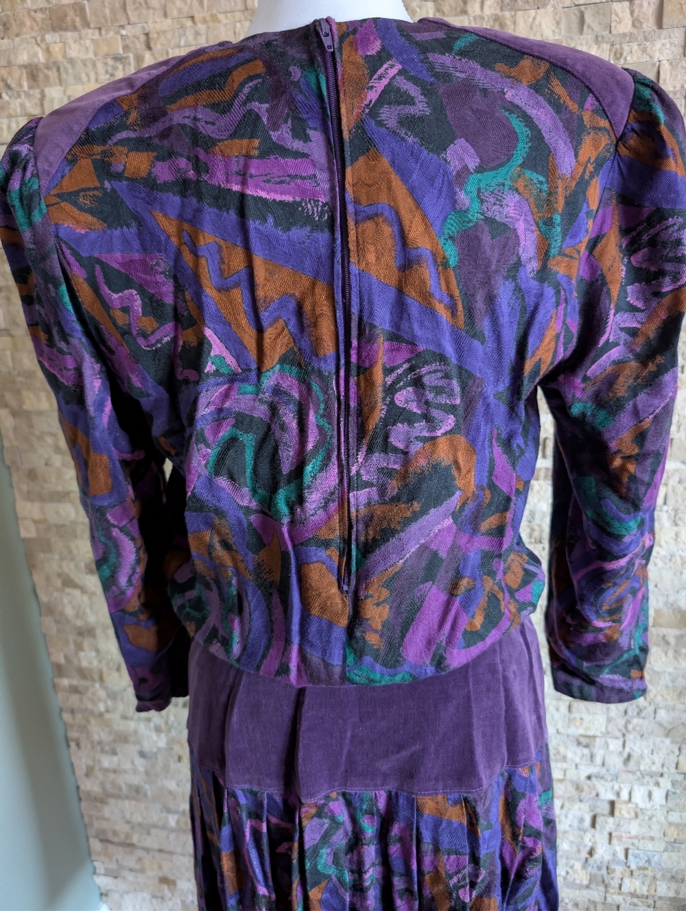 80s Abstract Geometric Print Midi Dress Purple Teal Rayon Wool Shoulder Pads M image 5
